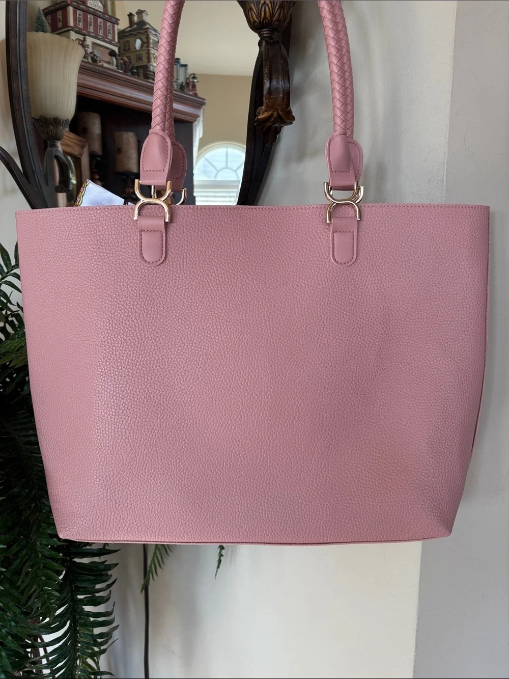 Ulta Dusty Rose Pink Pebbled Tote Bag Office Laptop Scarf Accent Bow Braided